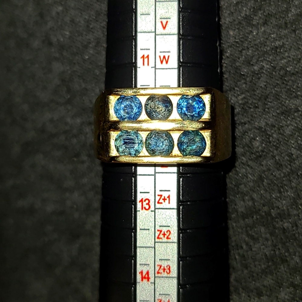 Heavy 14k Gold hand mined Blue Saphs. nonuniform colr, but close Sz. 12 1/2.